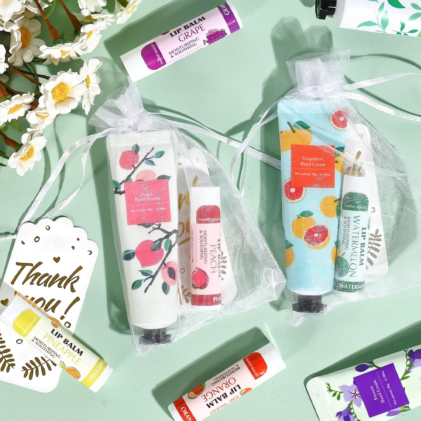 AZEN 24 Sets Bulk Gifts, Hand Cream and Lip Balm Bulk Set with Organza Bag Thank You Card, Baby Shower Wedding Gifts for Guests, Bridal Wedding Favors for Guests, Thank You Gifts for Women