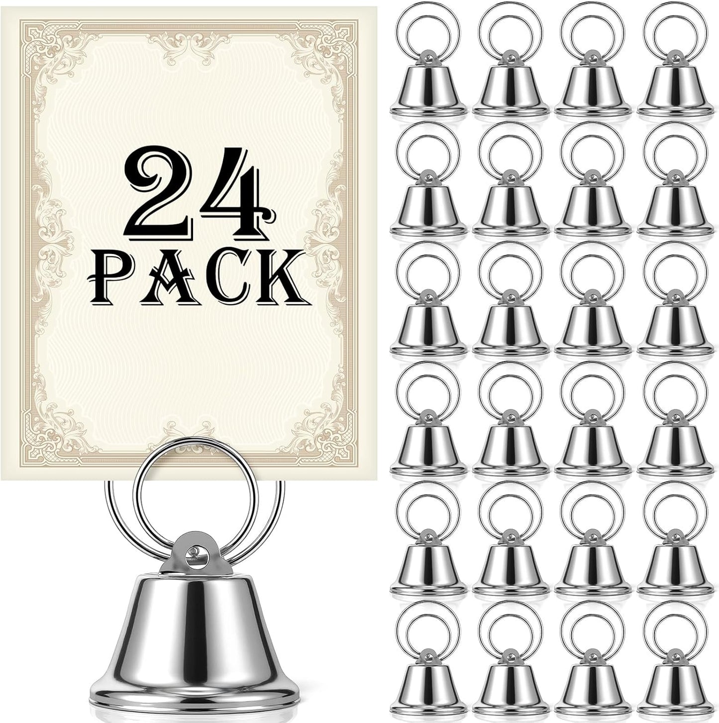 24 Pcs Table Number Holders Place Card Holders for Table 2 Inch Ring Clip Bell Number Holder Metal Picture Holder for Wedding Christmas Restaurant Home Photo Office Memo(Silver,Ring)