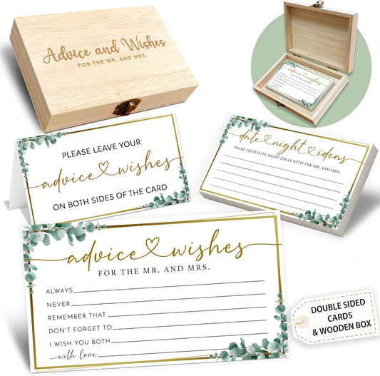 Eucalyptus Advice and Wishes for the Mr and Mrs - 50 Packs Wedding Advice Cards Bridal Shower Game Cards with Box Reception Guest Book for Bride Groom Newlywed Engagement Party Decoration -A10