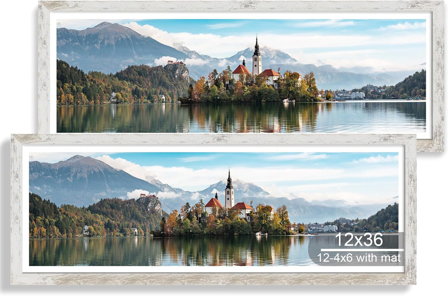 12x36 Picture Frame 2 Packs, Real Glass and Distressed White Wood Frame, Display Collage Pictures Twelve 4x6 With Mat or Pennant 12 x 36 Without Mat - Horizontal or Vertical Wall Mounting