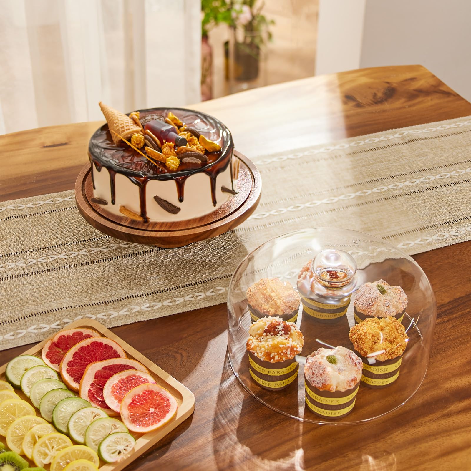 Yangbaga Cake Stand with Lid: 11in Rotating Wooden Cake Holder w/Glass Dome
