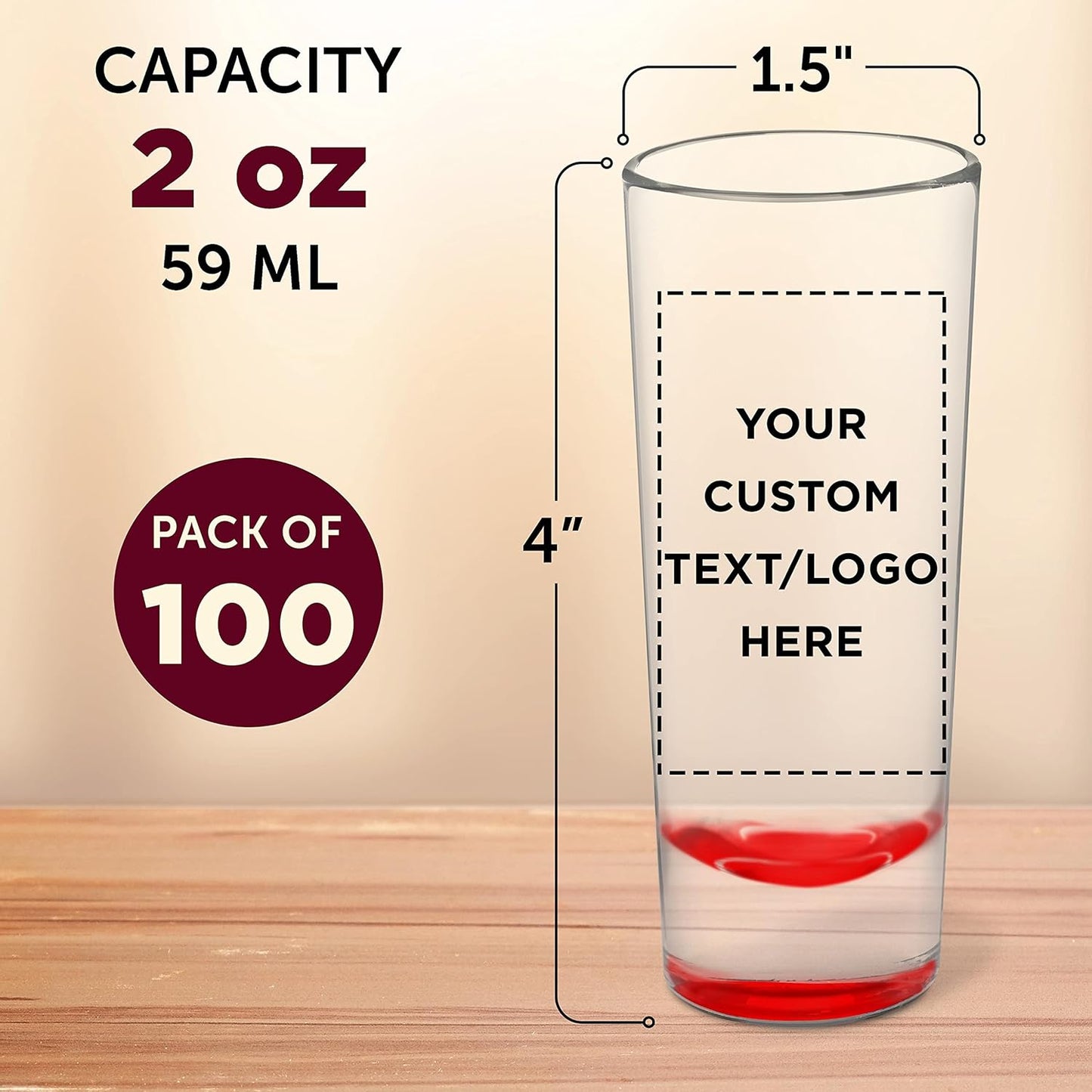 Custom Cordial Shooter Shot Glasses 2 oz. Set of 100, Personalized Bulk Pack - Great for Birthdays, Parties, Indoor & Outdoor Events - Red