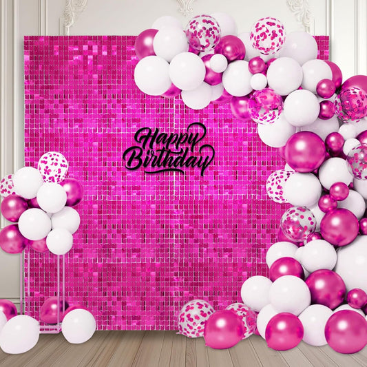 24PCS Hot Pink Shimmer Wall Backdrop, Square Sequin Backdrops Panel, Glitter Wall Background for Birthdays, Weddings, Graduation, Engagements, Disco Bachelorette Party Decoration (4FTx6FT)