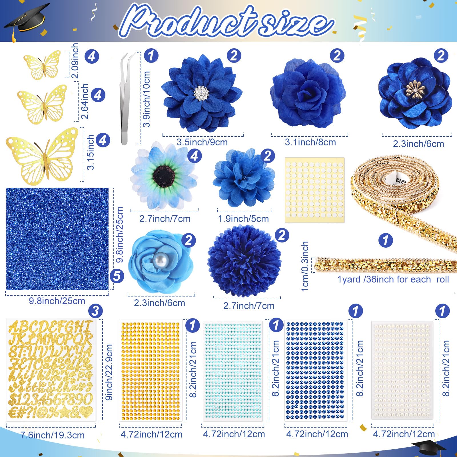 Wavwavw 43 PCS DIY Graduation Cap Decorations Kit, Grad Cap Decorations Included Faux Flowers 3D
