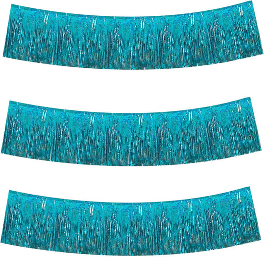 BEISHIDA 3 Packs Metallic Foil Fringe Garland Laser Lake Blue Wall Hanging Tinsel Fringe Banners for Car Floats Bridal Shower Wedding Birthday Easter Graduation Holiday Party Decoration(30 Feet)