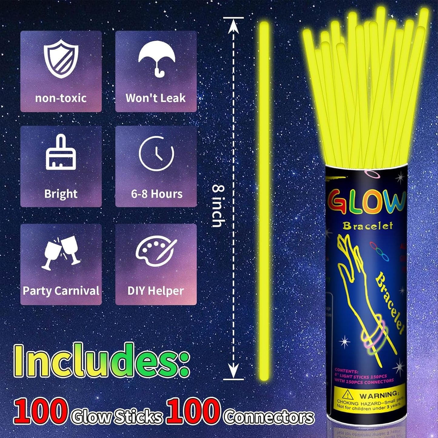 100 Pack 8” Yellow Glow Sticks Bulk with 100 Connectors Neon Glow In The Dark Party favors Supplies for Holiday Birthday Party Decoration (Yellow)