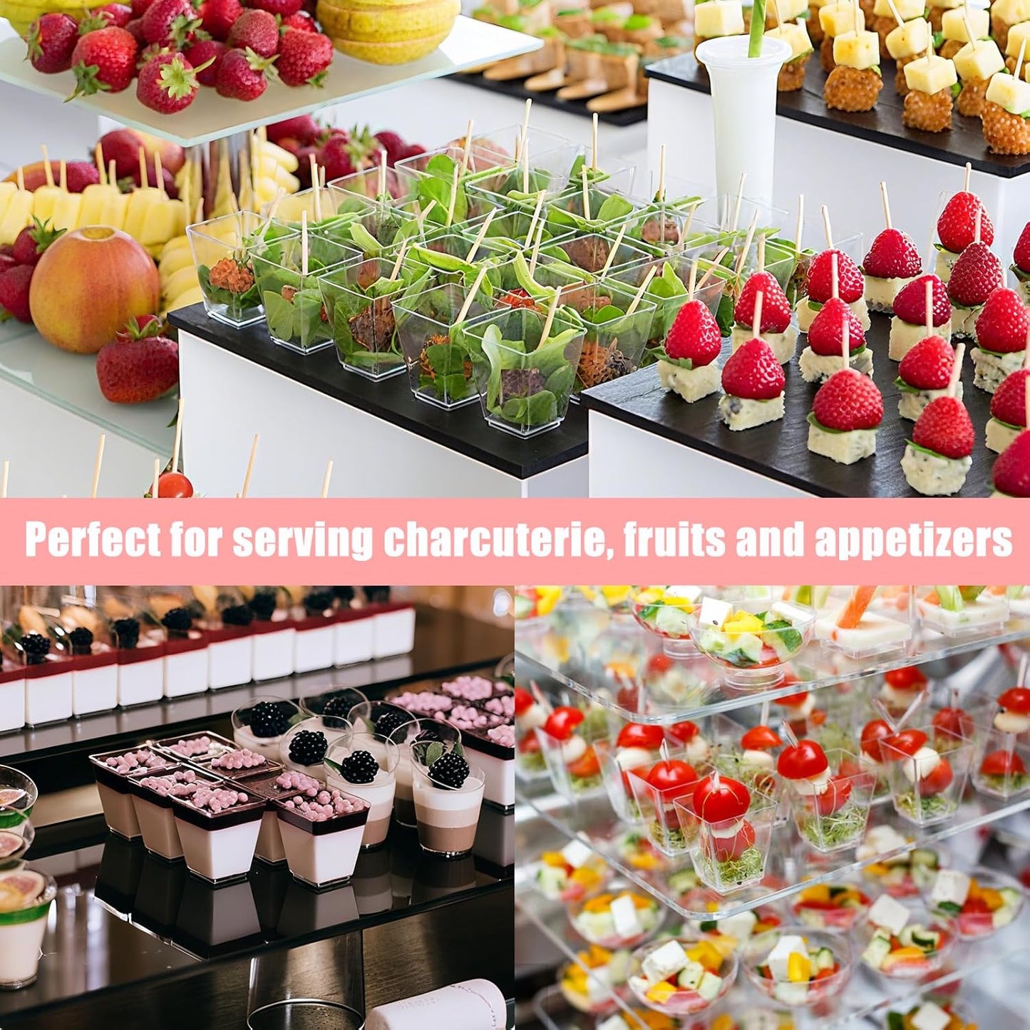 Kosotody 150 Pcs 5 OZ Dessert Cups with Spoons Cocktail Picks, Square Appetizer Cups Clear Mini Mini Party Serving Cups for Party Appetizers Pudding Yogurt Ice Cream Fruit