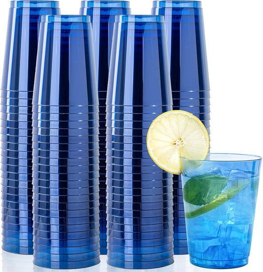 DaYammi 100 Pack Clear Blue Plastic Cups 10 Oz, Blue Cups for Party Disposable Wine Glasses Heavy Duty Disposable Tumblers Drinking Cocktail Glasses for Wedding