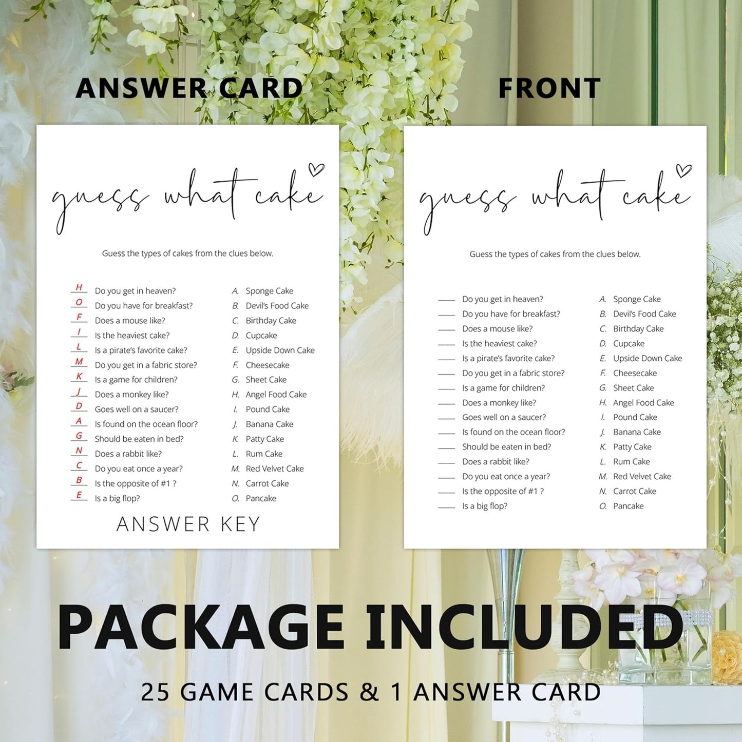 Bridal Shower Games, What Cake, 25Pcs Minimalist White Double-Sided Bridal Game Cards with 1 Answer Key, Wedding Shower Games for Guests, Engagement Bachelorette Party Supplies - A03