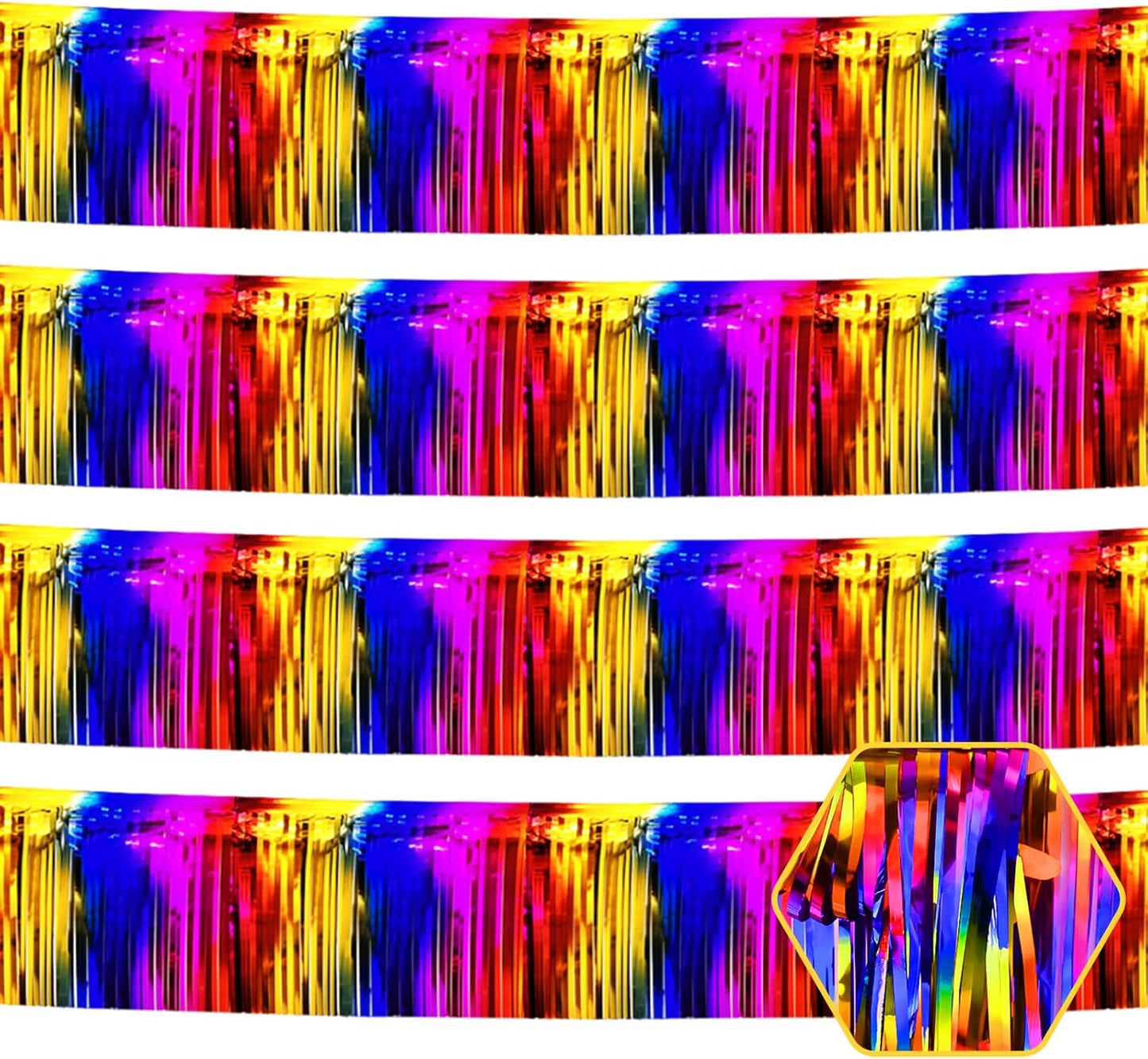 4 Pack 10 Feet Rainbow Foil Fringe Garland Metallic Tinsel Streamers Banner Wall Hanging Curtain Backdrop for Parade Floats, Wedding, Graduate, Mother's Day, Birthday Party Decoration