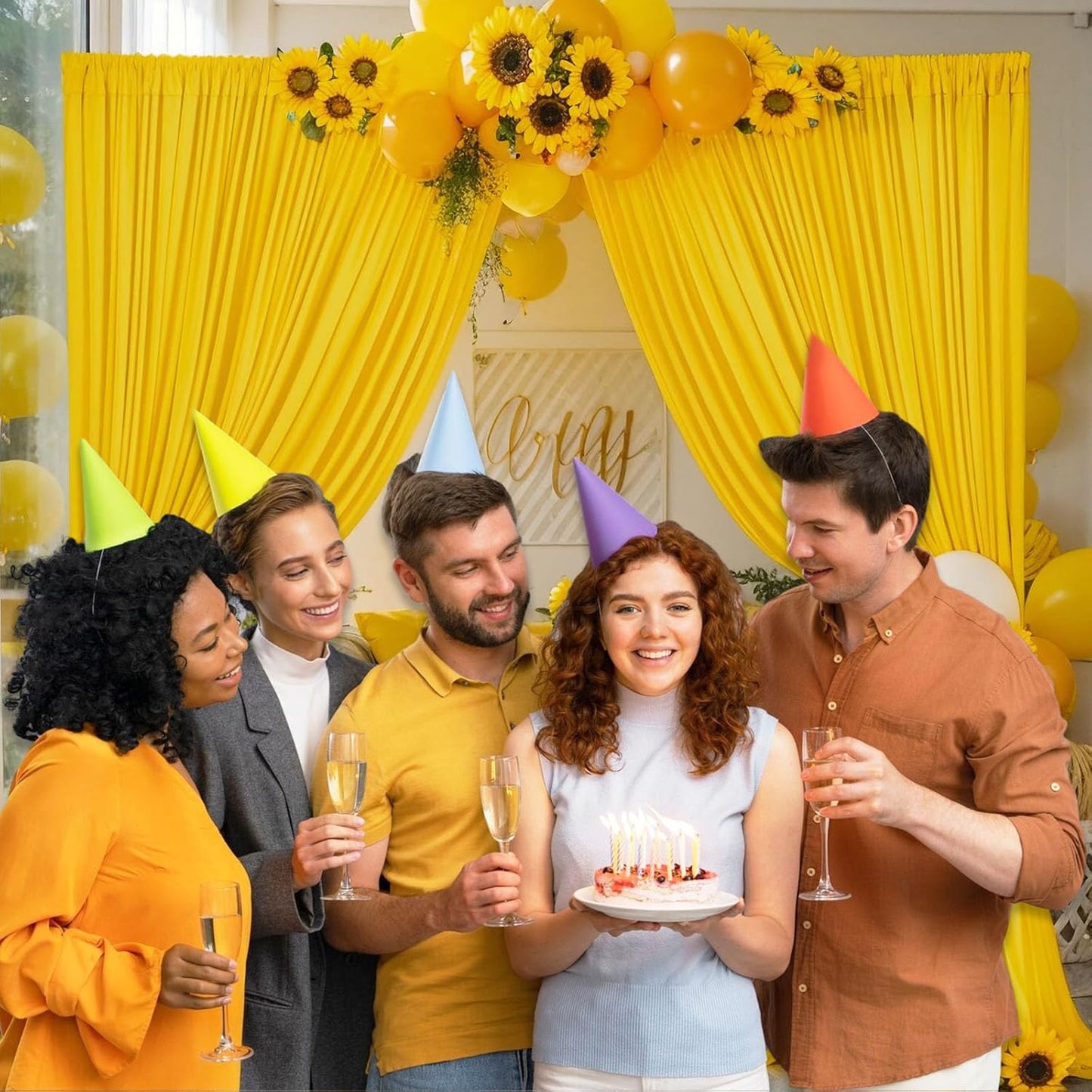 10 x 10 Feet Yellow Backdrop Curtain for Partie, Background Curtains for Photoshoot, Birthday, Wedding, Halloween, Thanksgiving, Christmas Day, New Year Party Decorations 5Ft x 10Ft, 2 Panels