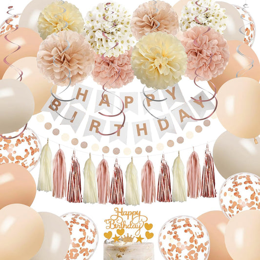 Rose Gold Birthday Party Decorations Kits with Happy Banner,Cake Topper,Hanging Swirls,Tissue Paper Pompoms,Paper Tassels Garland,Confetti Balloons for Women Girls Birthday Party