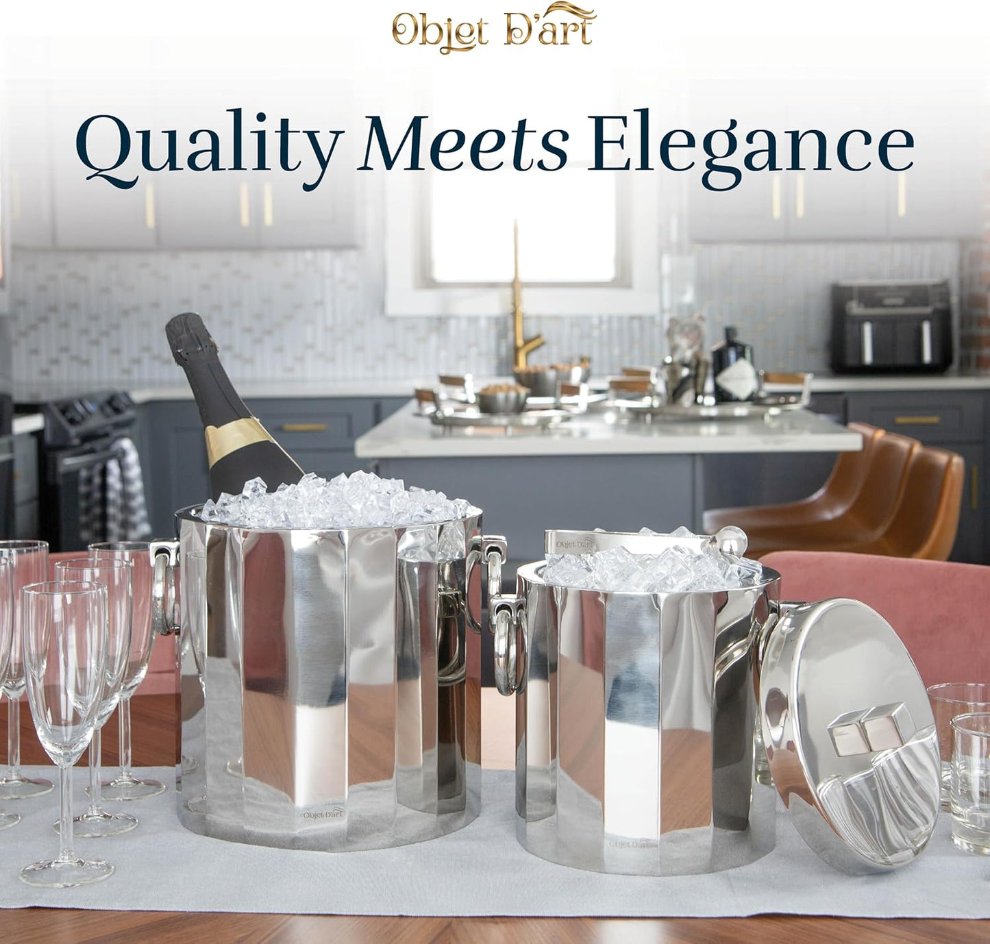 Insulated Ice Bucket for Parties by Objet D’Art, Large Ice Bucket with Scoop Tongs, 2 Stainless Steel Metal Buckets for Party, Double Walled, 2 Liters, Delphi, 7.5 x 9 x 10