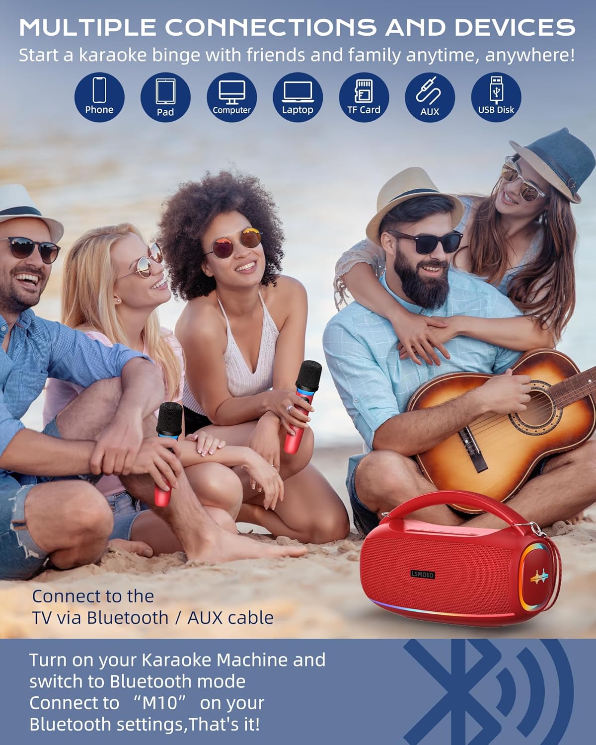 Karaoke Machine for Adults and Kids,Portable Bluetooth 2 Wireless Karaoke Microphone with Holder/USB/TF Card/AUX-in, IPX5 PA Speaker System for Home Party, Picnic,Car,Outdoor/Indoor-Red