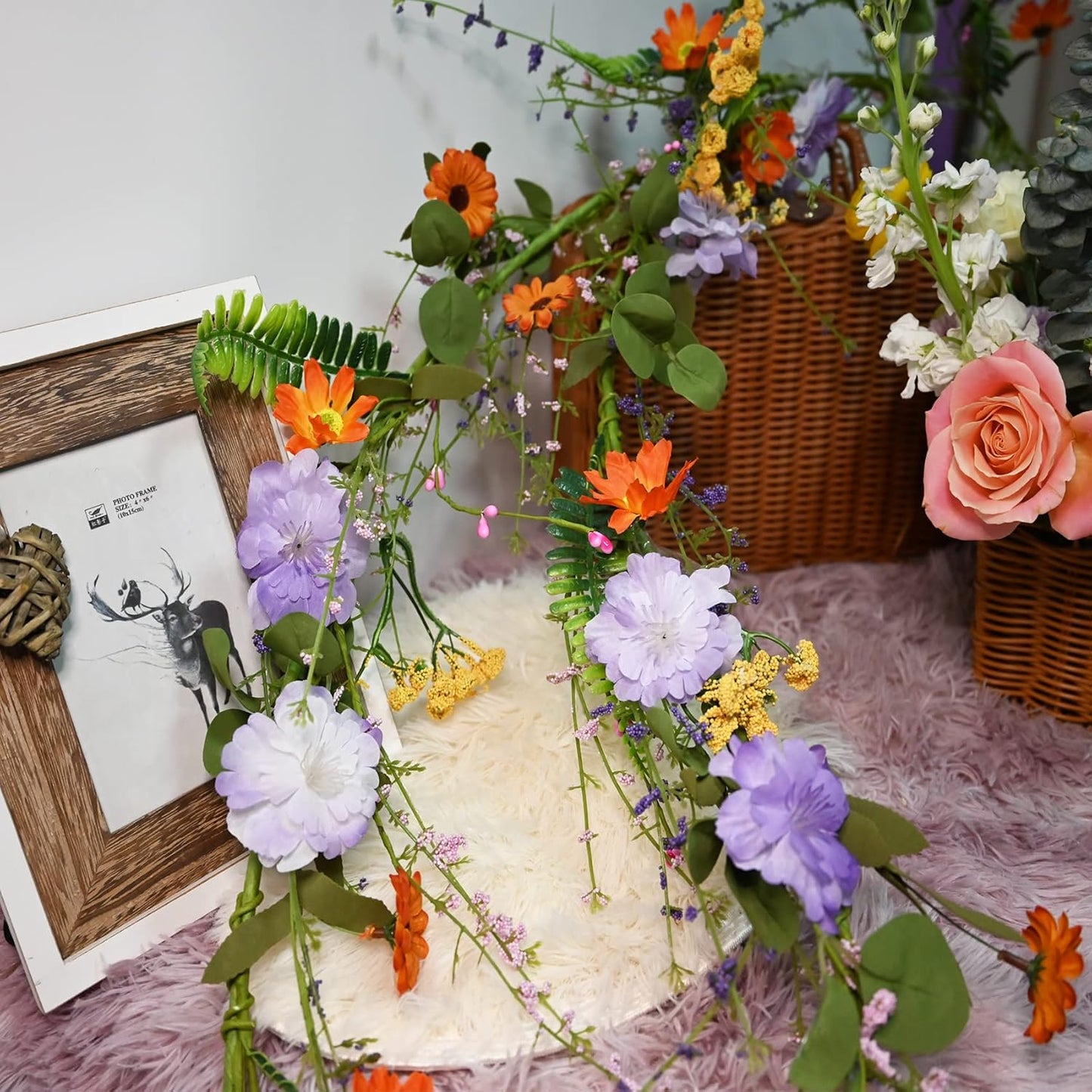 2PCS Artificial Daisy Garland, 6FT Faux Flower Hanging Vine, Purple Flowers Ivy, Spring Garland with Eucalyptus Boston Fern Vine for Sign Board Party Home Decor