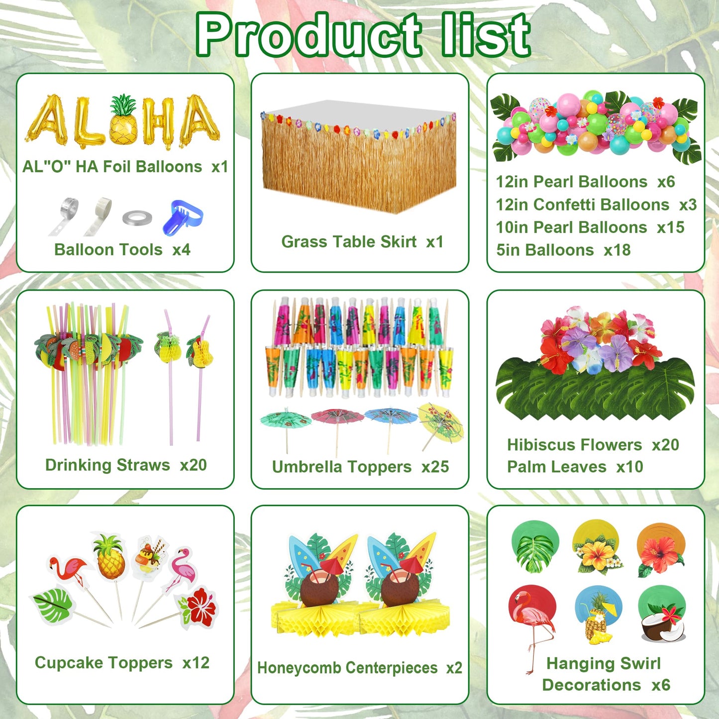 153Pcs Hawaiian Aloha Luau Party Decorations, Tropical Summer Beach Birthday Supplies Grass Table