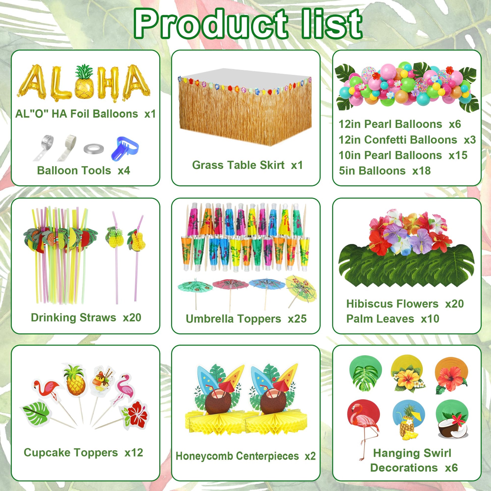 153Pcs Hawaiian Aloha Luau Party Decorations, Tropical Summer Beach Birthday Supplies Grass Table