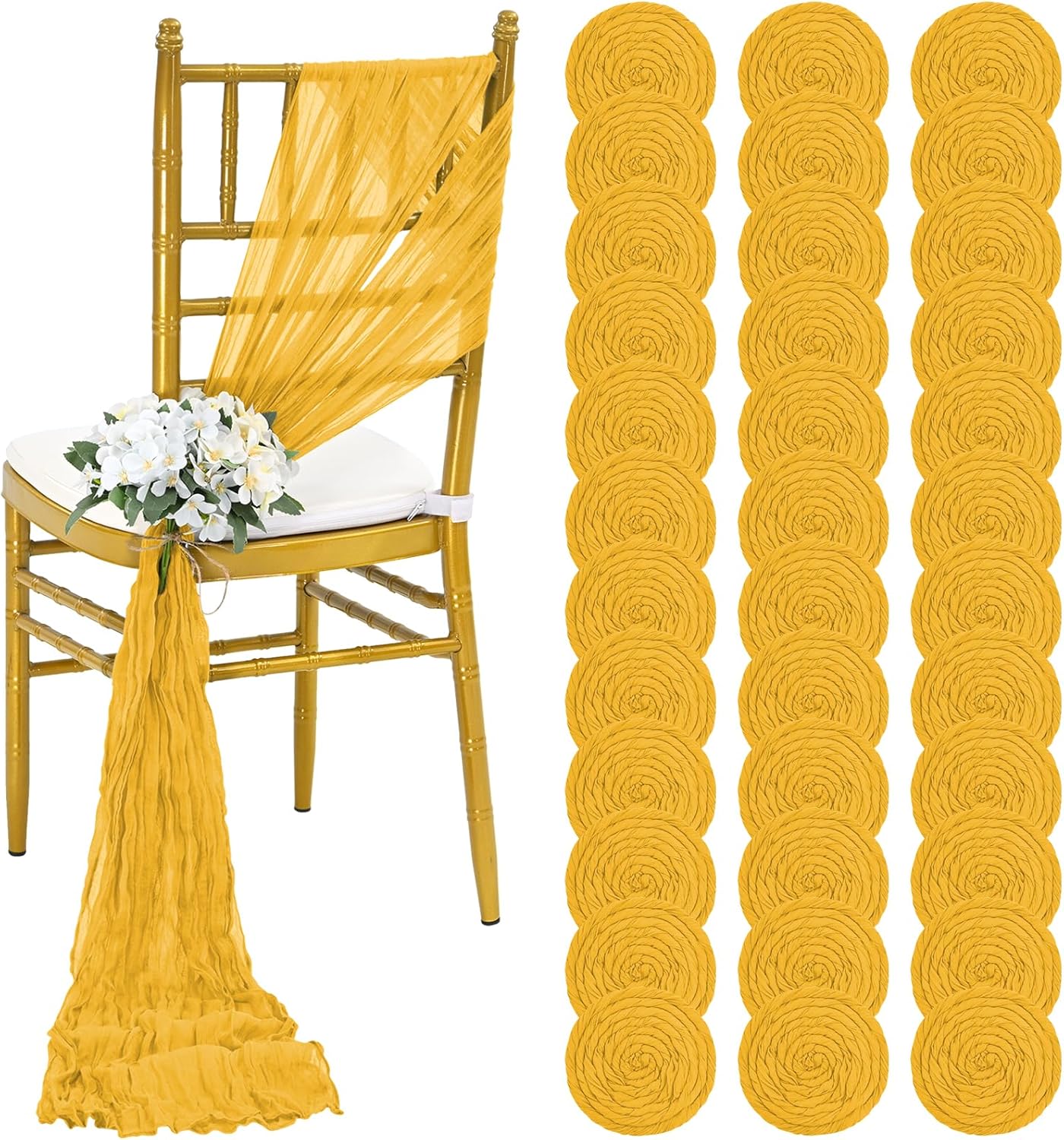 36 Pcs Mustard Yellow Cheesecloth Chair Sashes, 16 x 108 inch Gauze Fabric Washable Chair Sashes Bows Designed for Aisle Decorations Universal Chairs Cover Decor for Wedding Reception Party Banquet