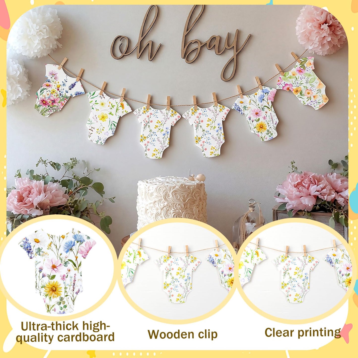 Frienda Baby in Bloom Paper Banner Wildflower Dress Bodysuit Garland Outfit Set with Clips Hemp