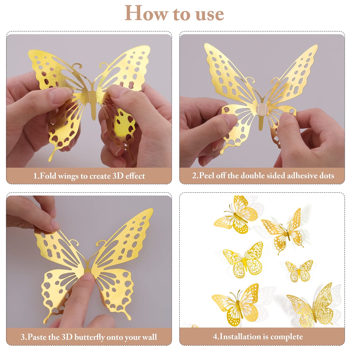 SAOROPEB 3D Butterfly Wall Decor 48 Pcs Gold Butterfly Birthday Decorations