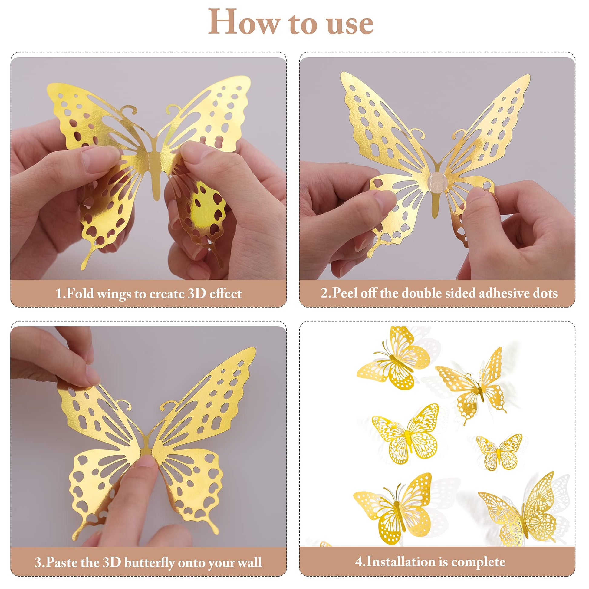 SAOROPEB 3D Butterfly Wall Decor 48 Pcs Gold Butterfly Birthday Decorations