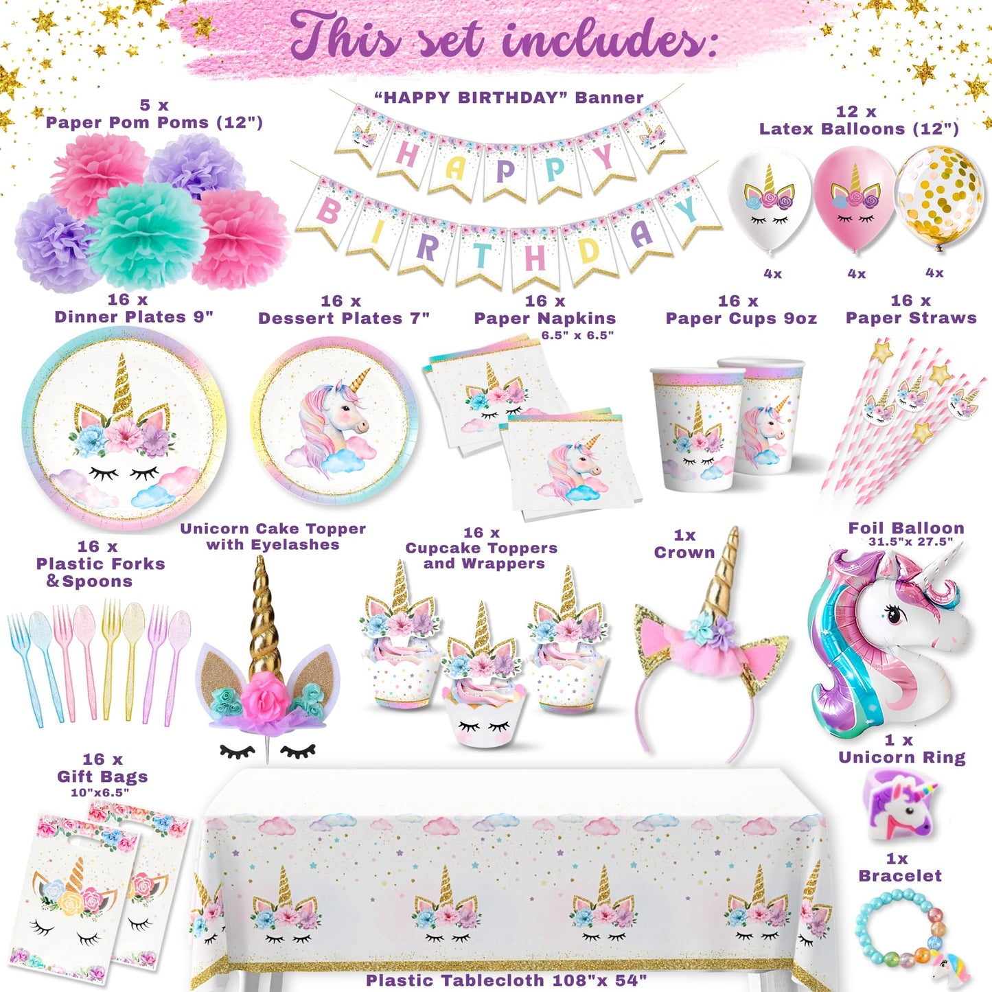 152 Pc Unicorn Birthday Decorations for Girls, Complete Party Supplies Kit