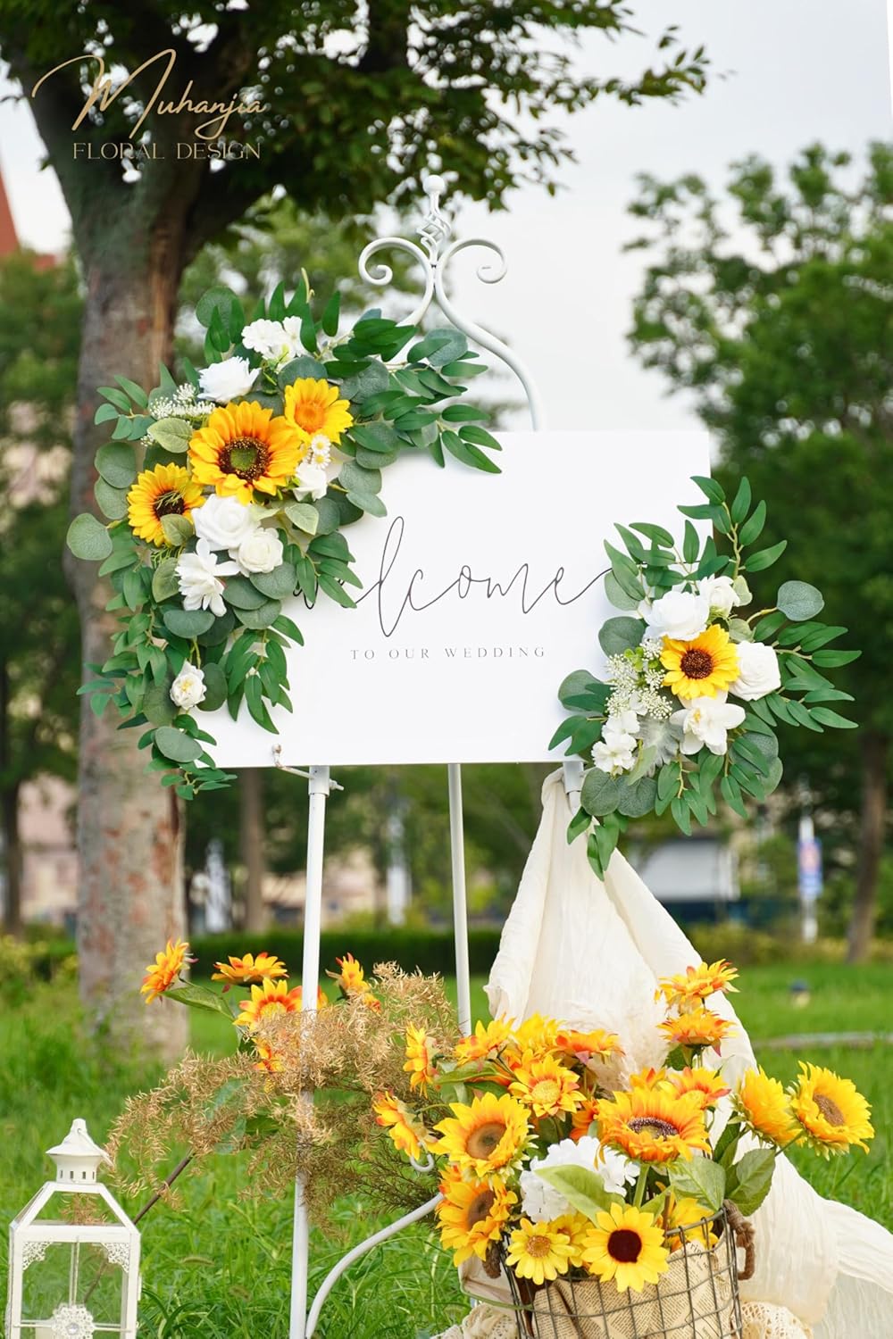 Wedding Sign Faux Flower Swag (Pack of 2) for Ceremony Party Reception Entrance Floral Decor Wall Easel Stand for Wedding Poster Welcome Sign(Sunflower)