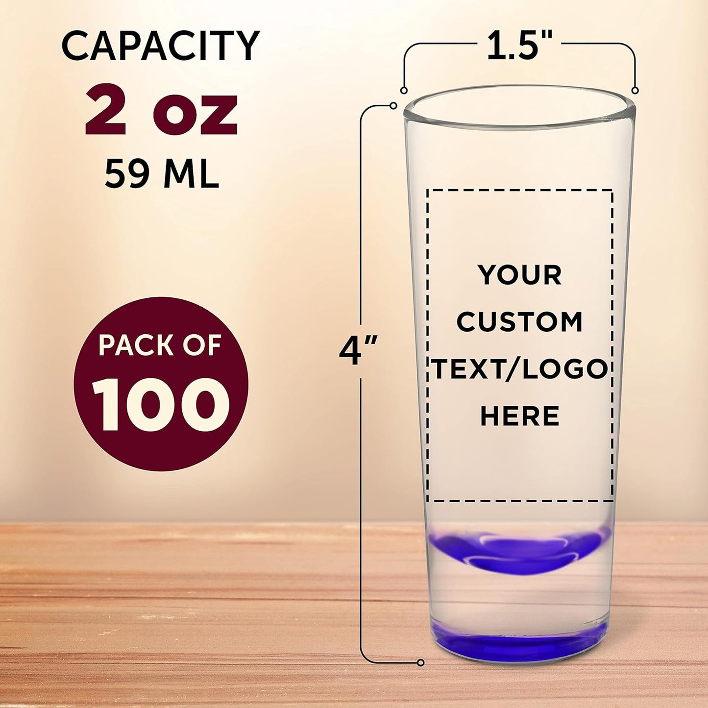 Custom Cordial Shooter Shot Glasses 2 oz. Set of 100, Personalized Bulk Pack - Great for Birthdays, Parties, Indoor & Outdoor Events - Purple