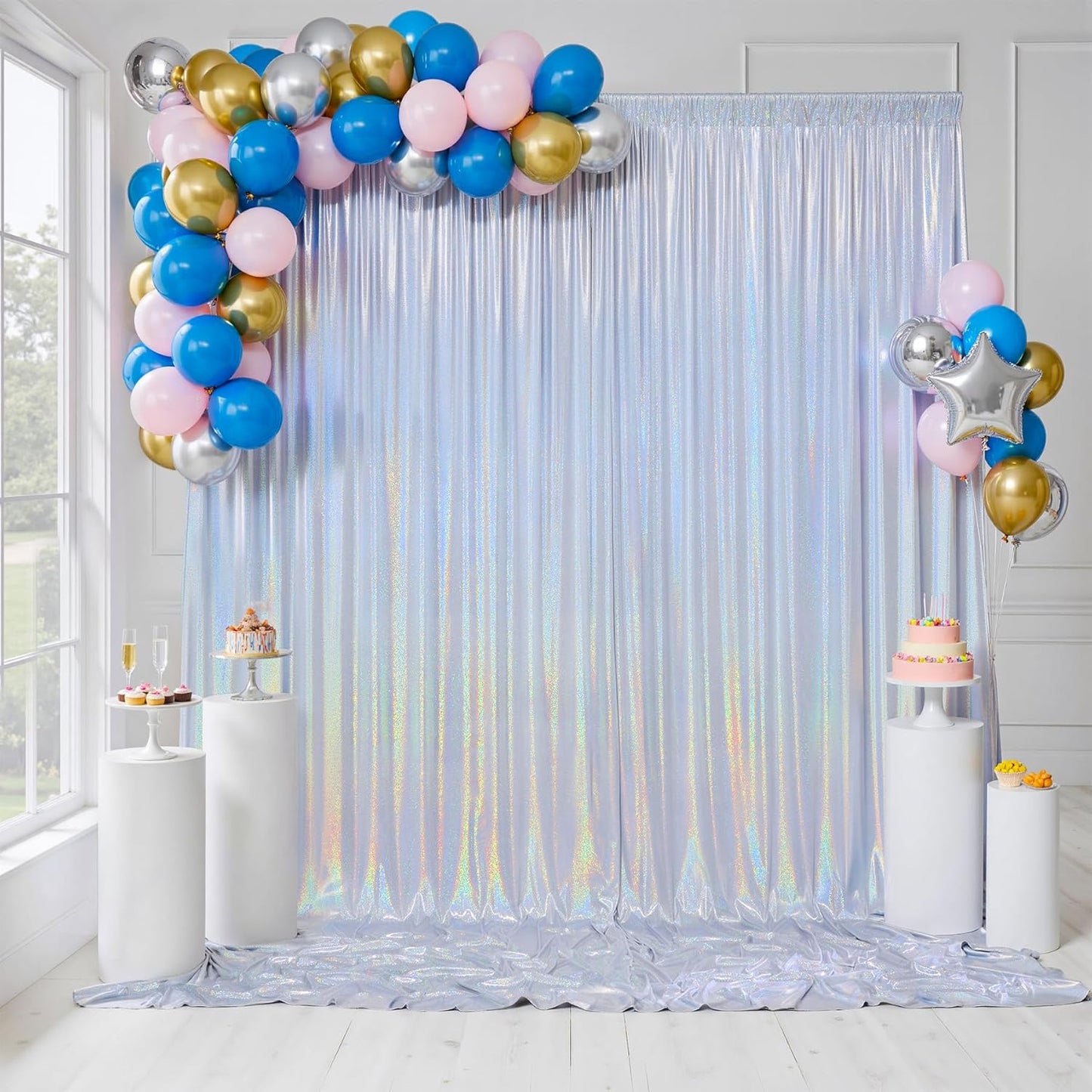 gogoparti 20x10FT Laser Silver Sequin Backdrop Curtain - 4 Panels of 5x10FT Wrinkle-Free Glitter Drapes for Photography, Birthdays, Weddings & Graduations
