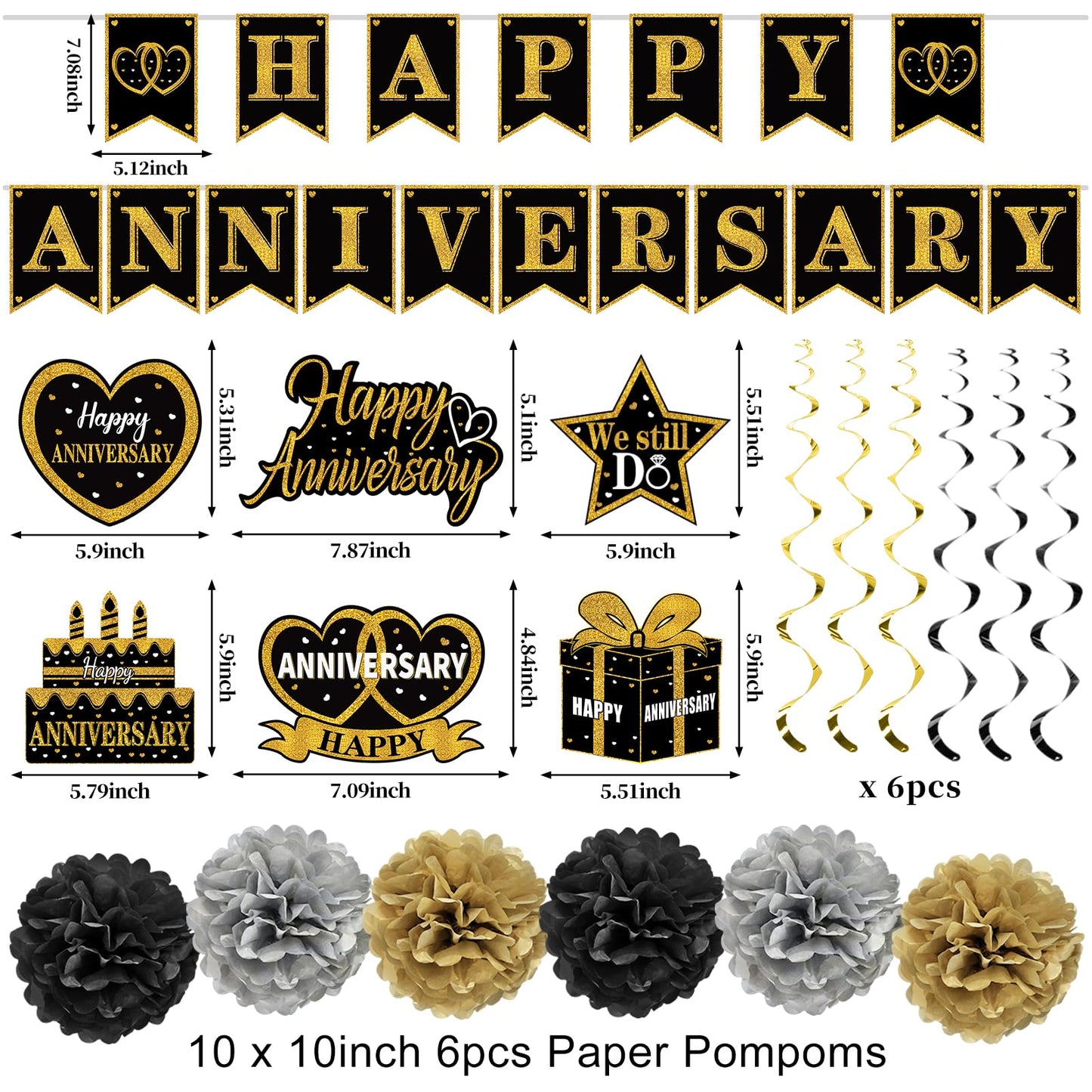 Turypaty Happy Wedding Anniversary Decorations Kit Supplies Black Gold