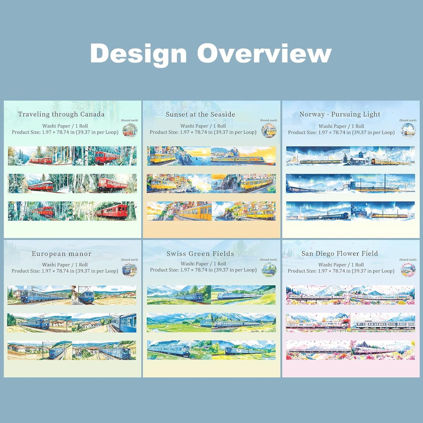 Train Scenery Washi Tape Set ??6 Rolls Travel & Nature Inspired with Clip for Scrapbook Journals DIY Crafts Decoration 1.97"x78.7" 39.37in per Loop