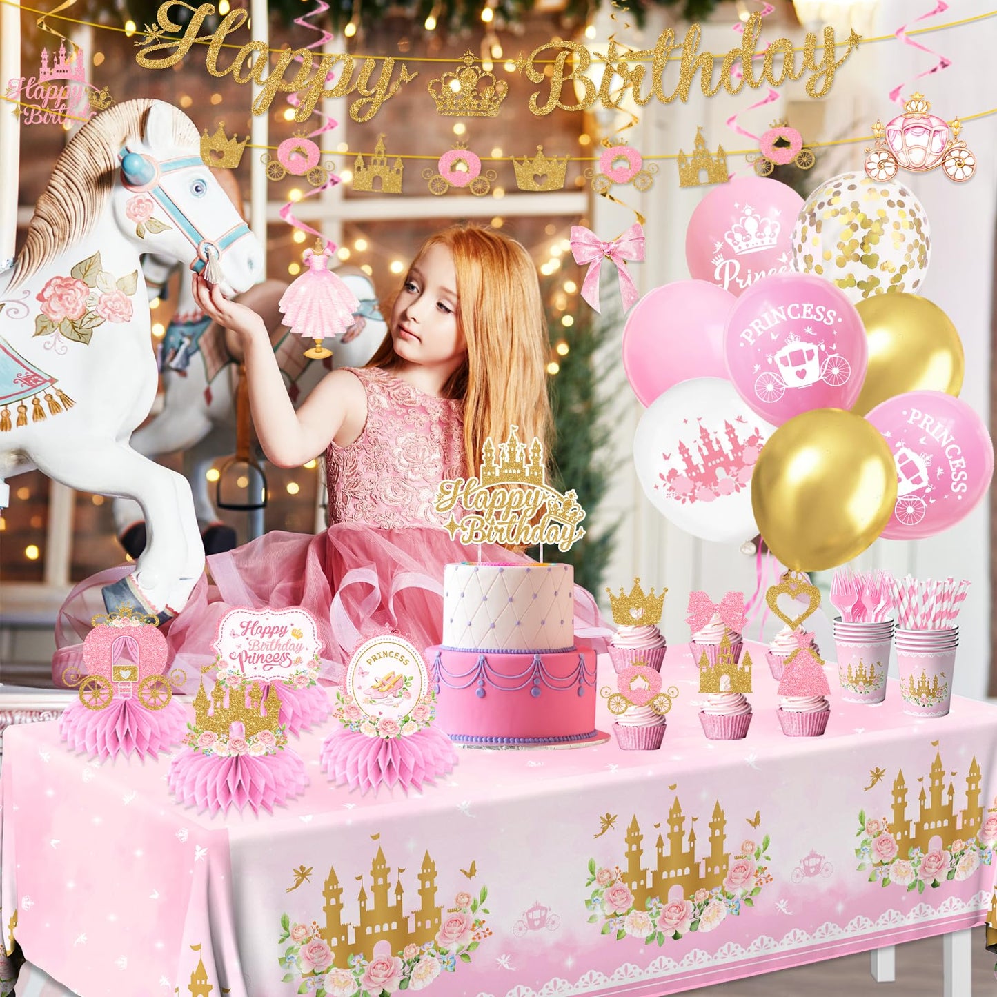 196Pcs Princess Birthday Party Decorations Serves 24,Pink Princess Birthday Themed Tableware