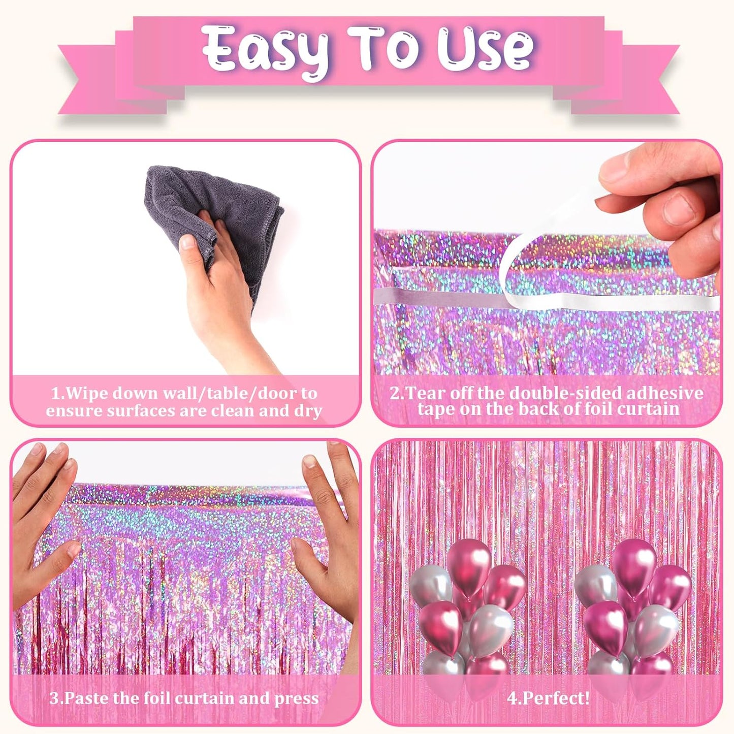 2 Pack Laser Pink Tinsel Foil Fringe Curtains, Mothers Day Pink Decorations, Metallic Tinsel Party Streamers Backdrop for Birthday Bachelorette Graduation Wedding Party Decorations