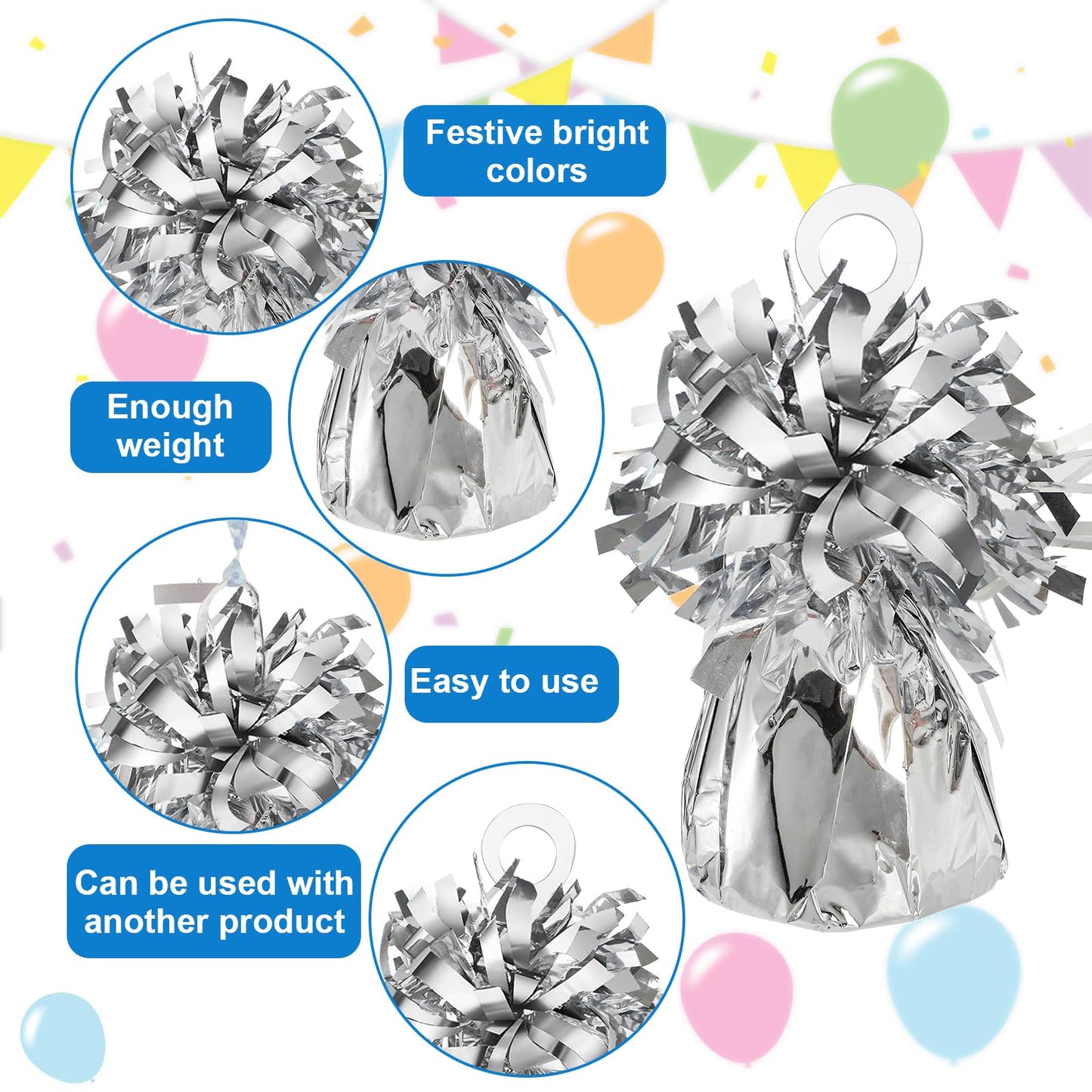 Frcctre 24 Pack Balloon Weights Metallic Silver Anchors Balloon Holder Foil Weights with 1 Roll