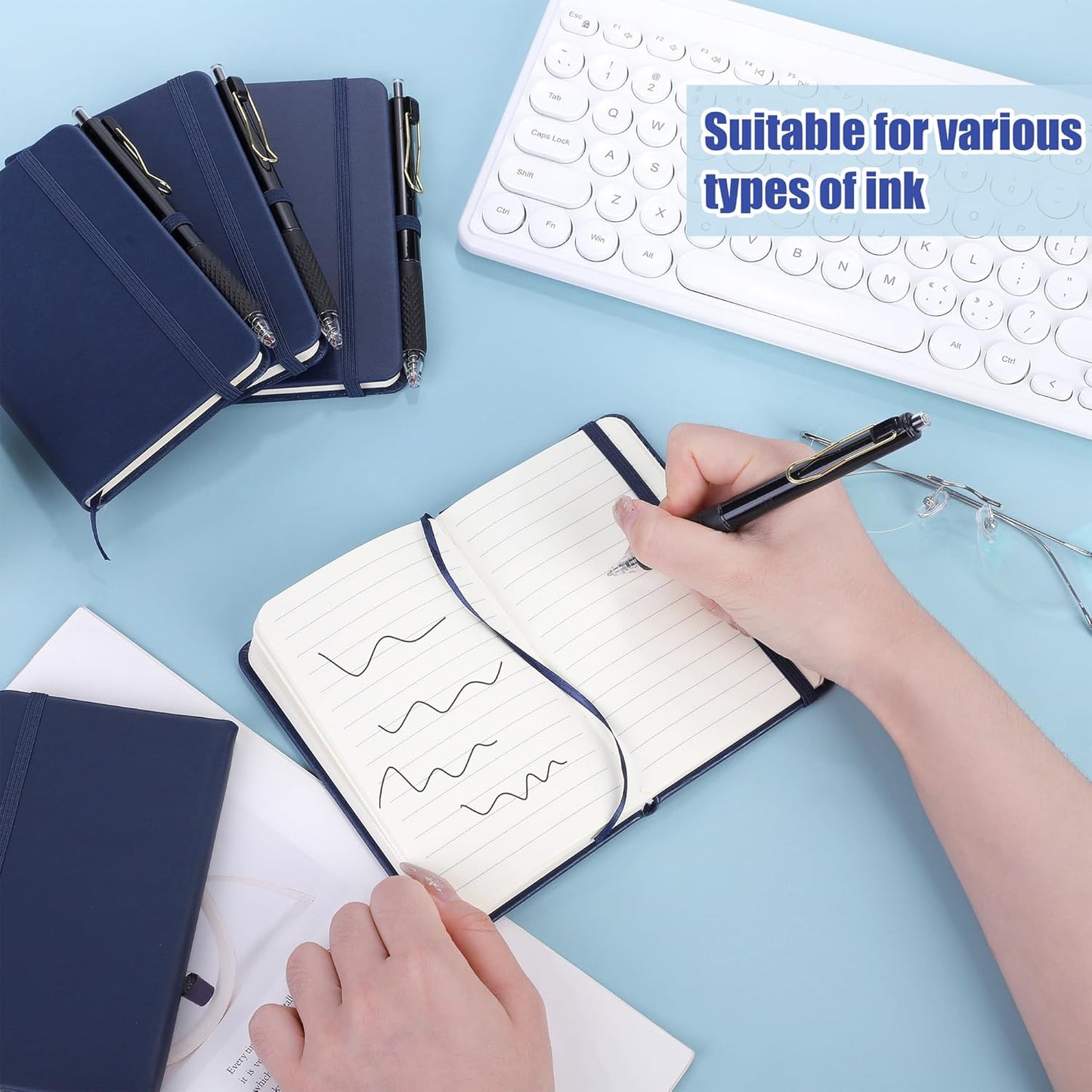 Aodaer 50 Sets Pocket Notebook Journal with Pens, 160 Pages, 3.5 x 5.5 Inch Mini Lined Journal Notebook A6 Leather Hardcover College Ruled Notepad with Pen Holder for School Office Gifts, Navy Blue