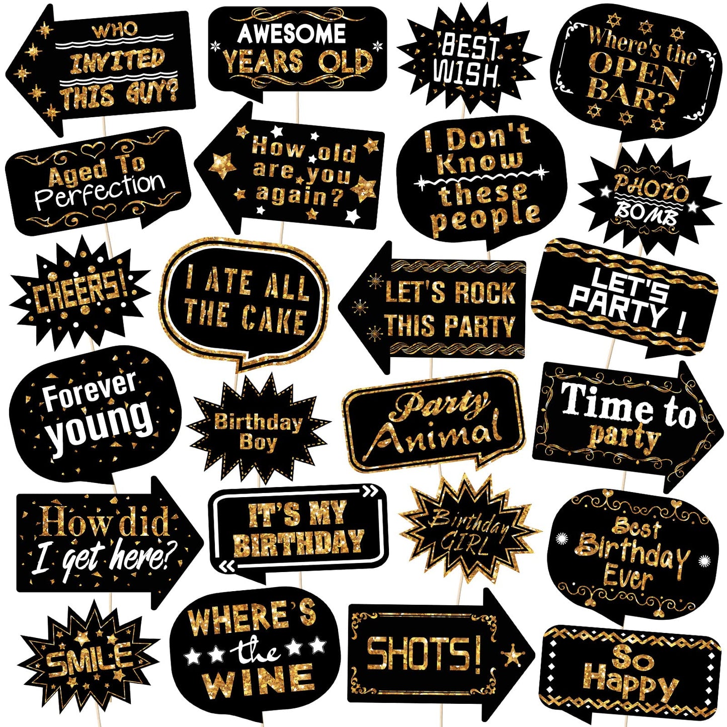 Outus 24 Pieces Photo Booth Props Birthday with Stick Happy Birthday Weddings Graduation Prom Bday