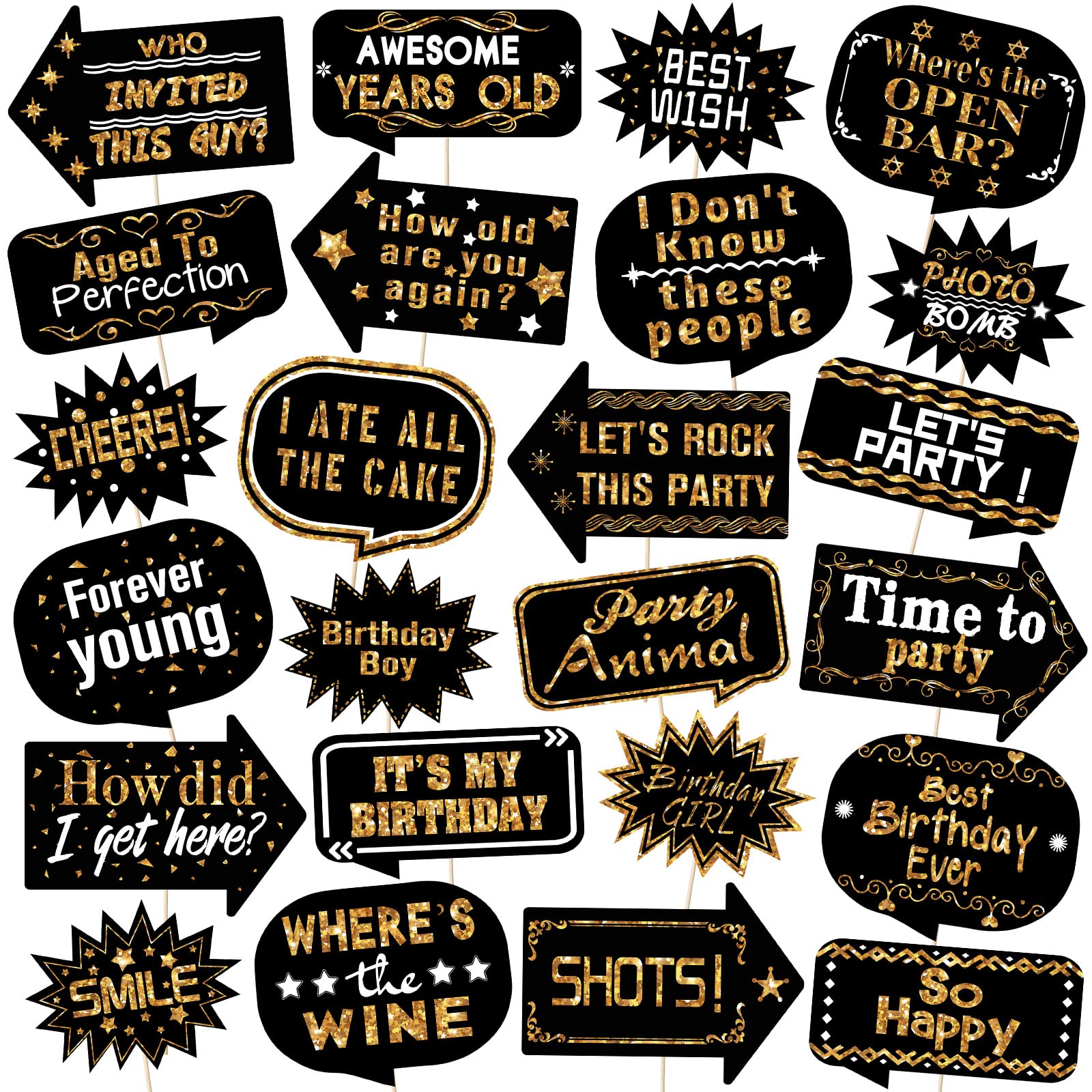 Outus 24 Pieces Photo Booth Props Birthday with Stick Happy Birthday Weddings Graduation Prom Bday