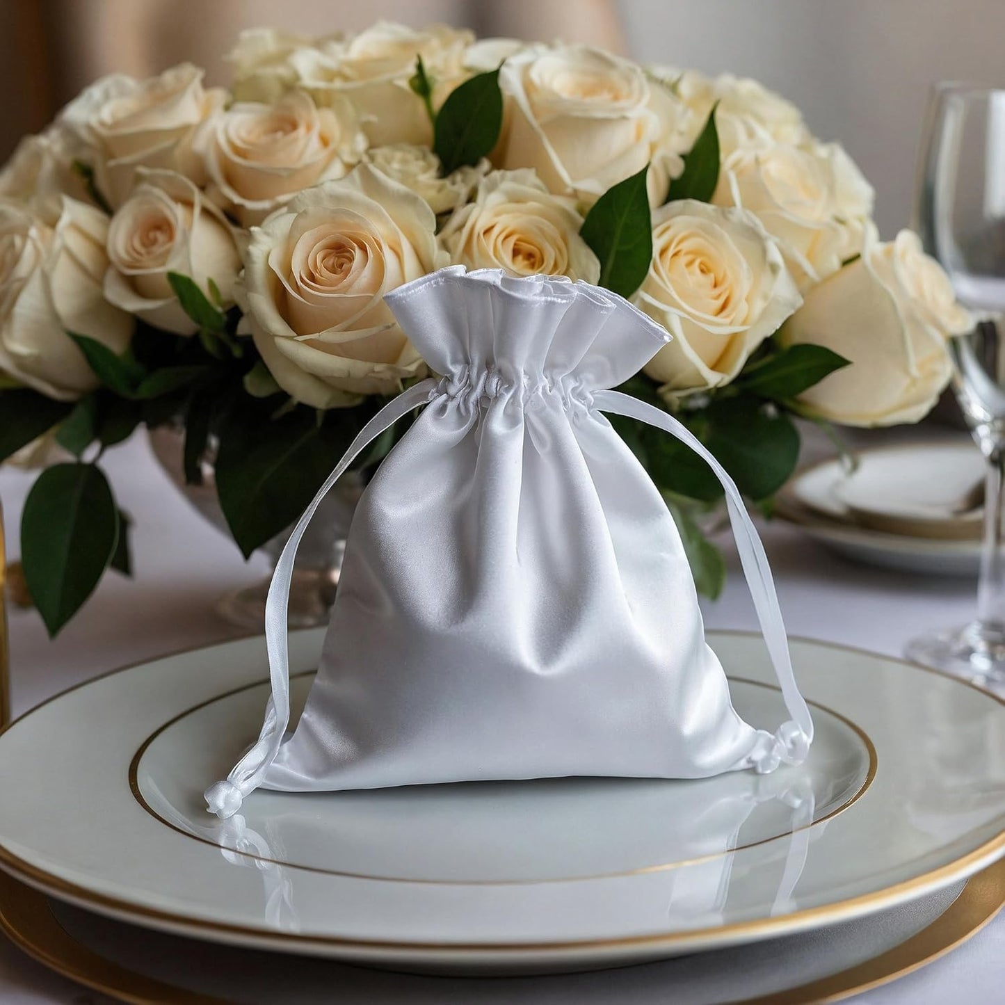 5" x 8" White Satin Gift Bags, Jewelry Bags, Wedding Favor Drawstring Baby Shower Christmas 50 per Pack