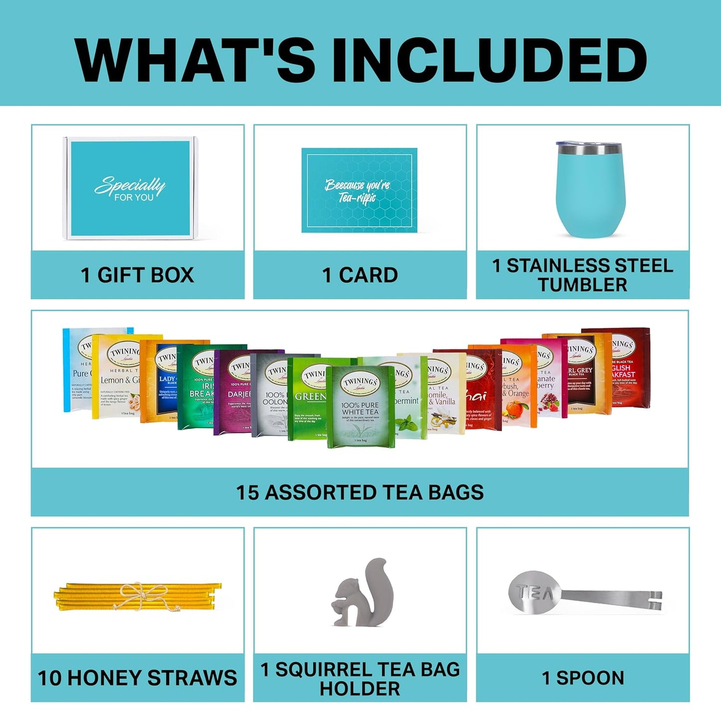 Tea Gifts for Women – Sampler Gift Basket with 15 Unique Blends, Honey Sticks, Stainless Tumbler & Gift-Ready Box (Teal)