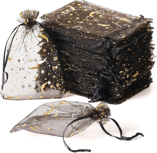 100PCS Moon Star Organza Bags - 4x6" Wedding Favors with Drawstring, Black Organza Gift Pouch for Jewelry, Wedding, Valentine's Day, Christmas, Eid Mubarak Party Favor Bags