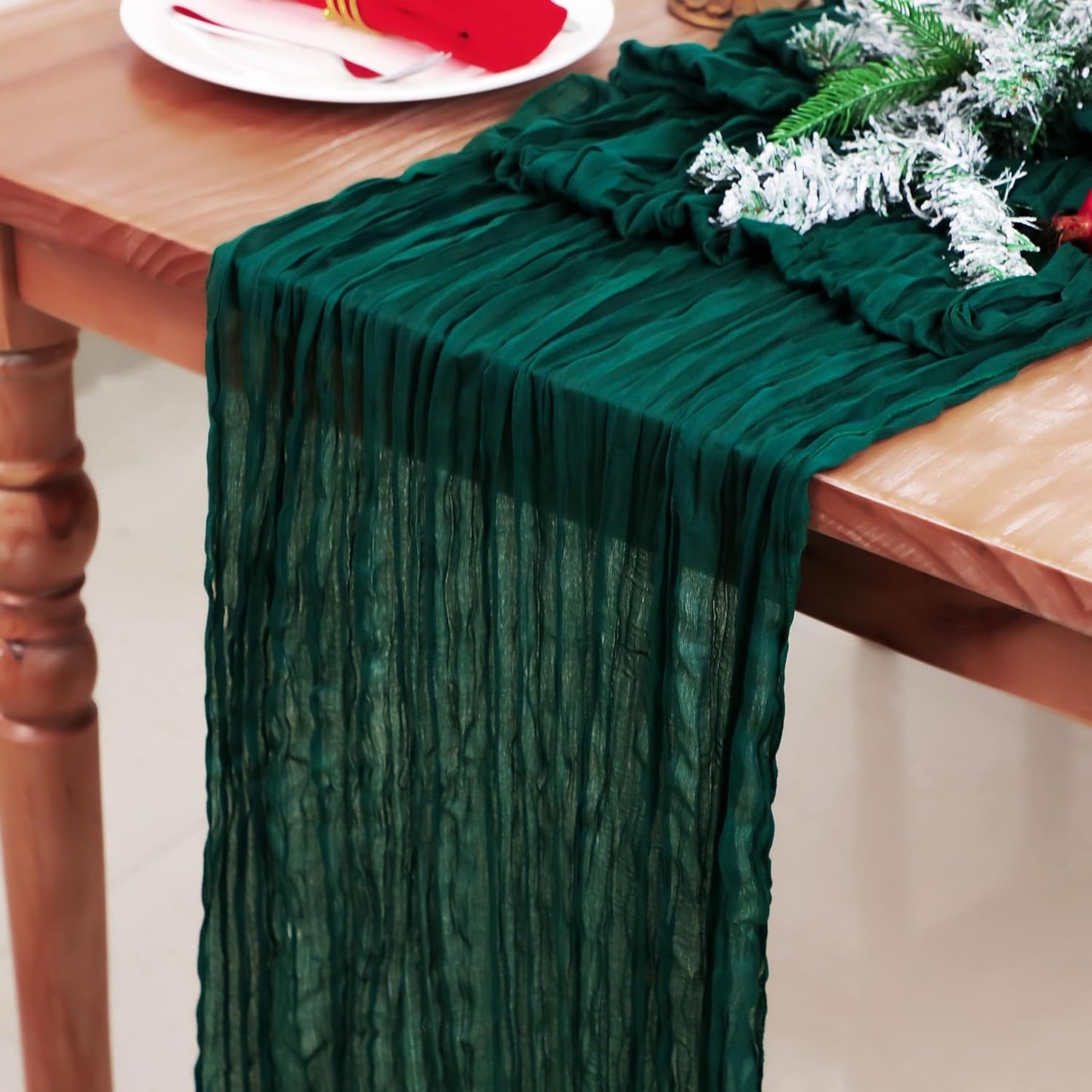 Snowkingdom 6 PCS Emerald Green Table Runner 120 Inch 10 Ft Rustic Boho Dark Green Cheese Cloth Runner for Wedding Bridal Baby Shower Birthday Party Christmas Sheer Gauze Home Table Centerpiece Deocr