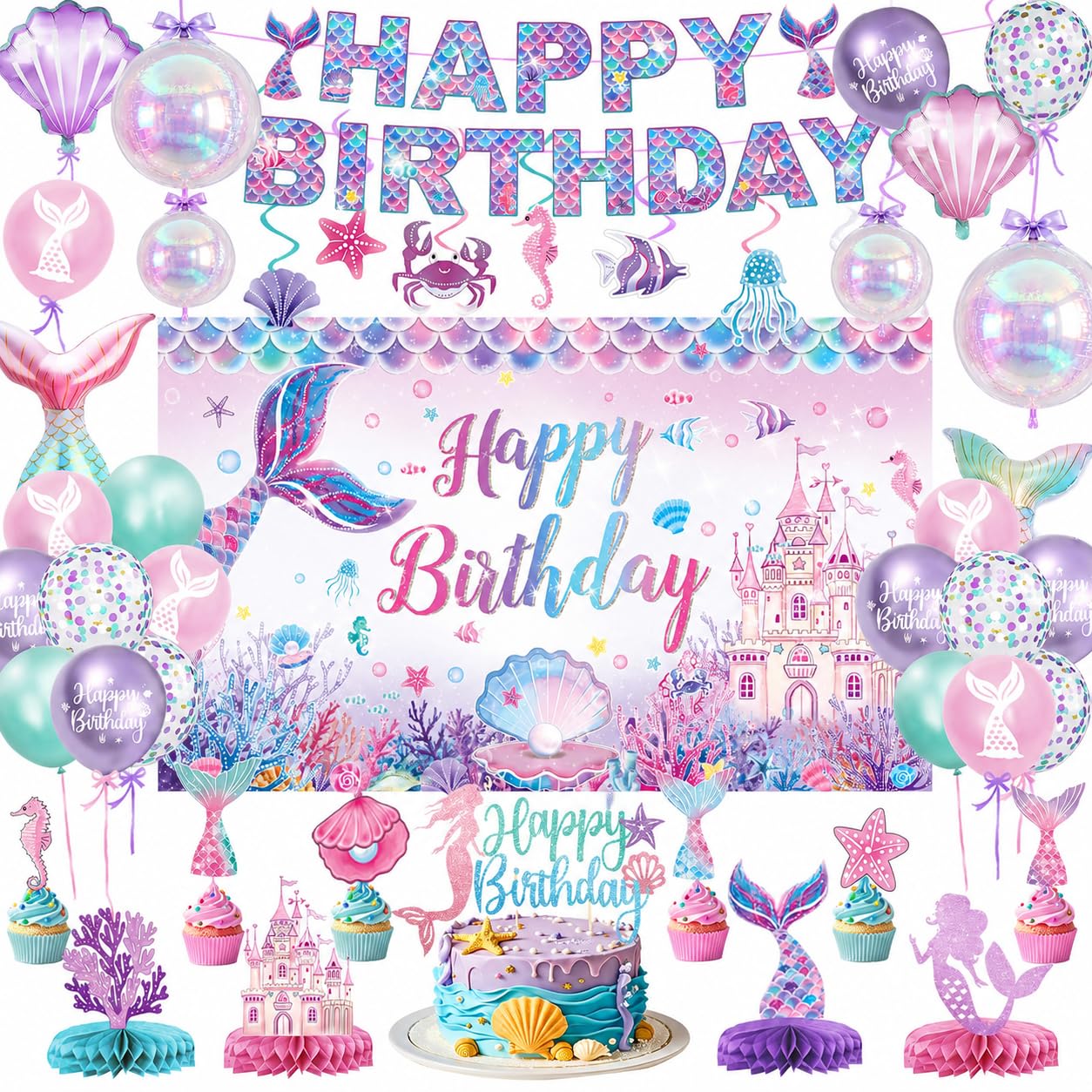 NKPDAXM Mermaid Birthday Decorations – Includes Banner, Backdrop, Foil & Latex Balloons, Hanging