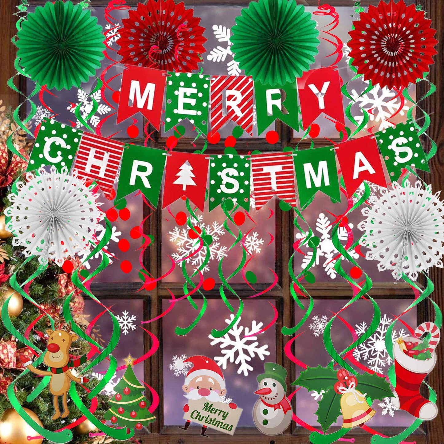 FECEDY Merry Christmas Banner Paper Fan Flower Circle Confetti Dots Hanging Garlandand Swirl