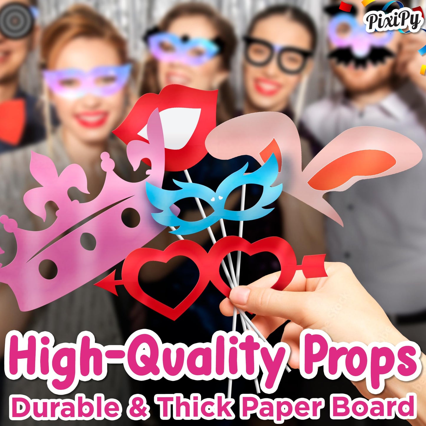 Photo Booth Props - 66 Piece Multicolor Kit - Fun Selfie Party Accessories - Mustaches, Hats, Lips