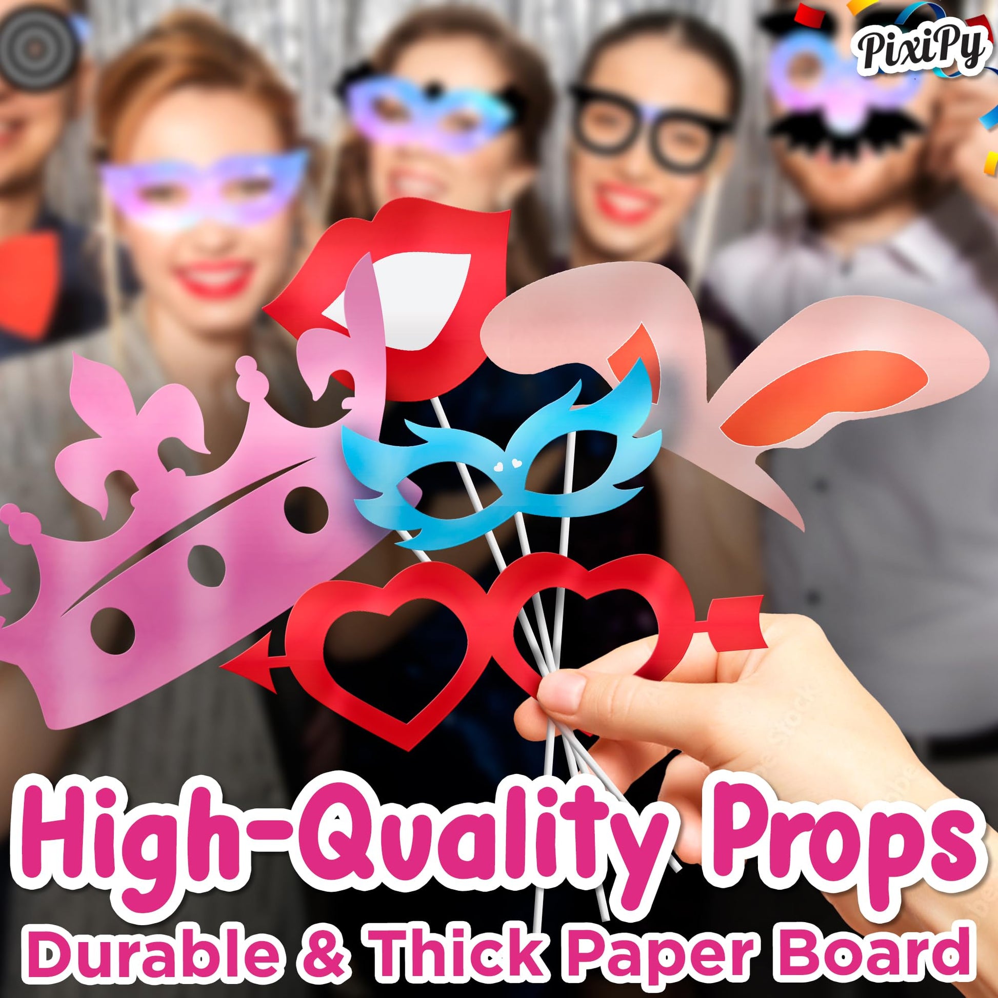 Photo Booth Props - 66 Piece Multicolor Kit - Fun Selfie Party Accessories - Mustaches, Hats, Lips