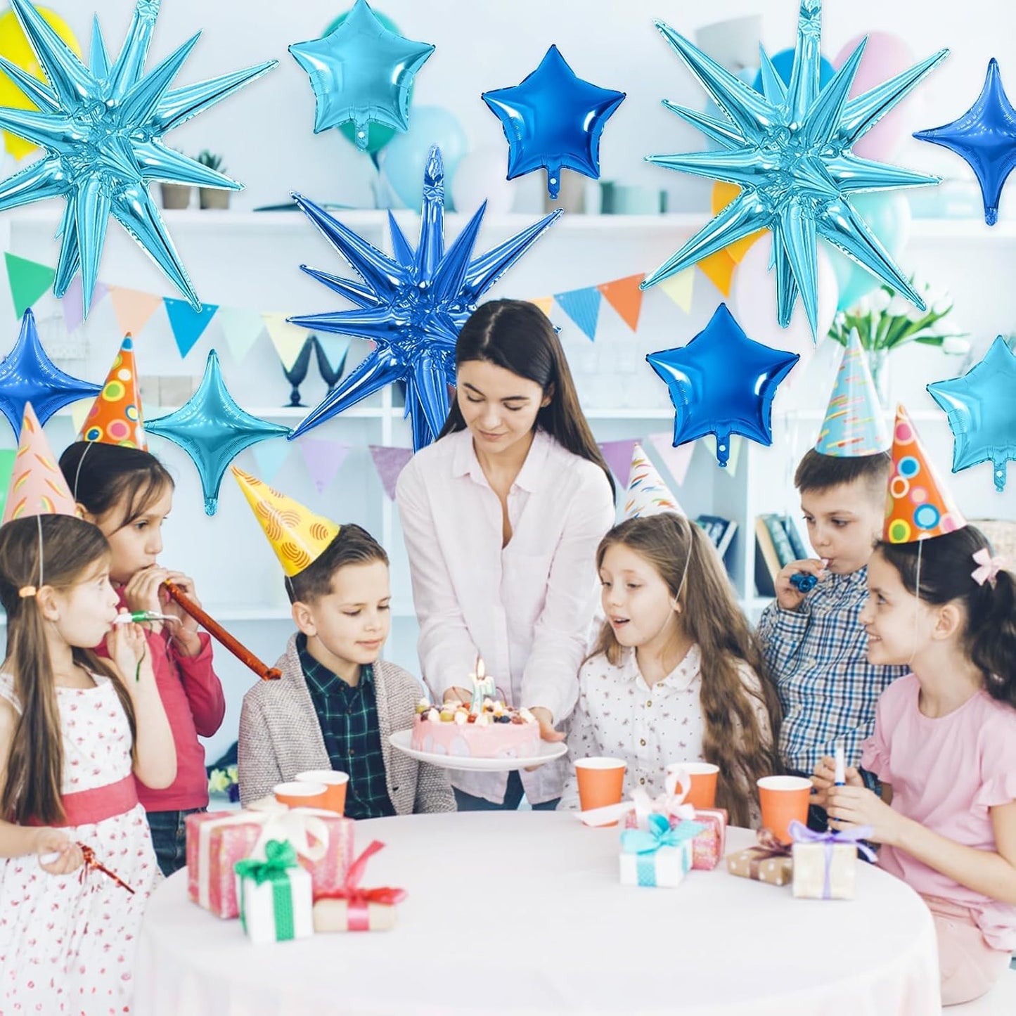 Blue Star Balloon,16Pcs Light Blue Star Foil Balloons Set with 22Inch Explosion Spike Cone Balloons and 10Inch Quadrangle Helium Balloon for Birthday Wedding Baby Shower Party Decorations