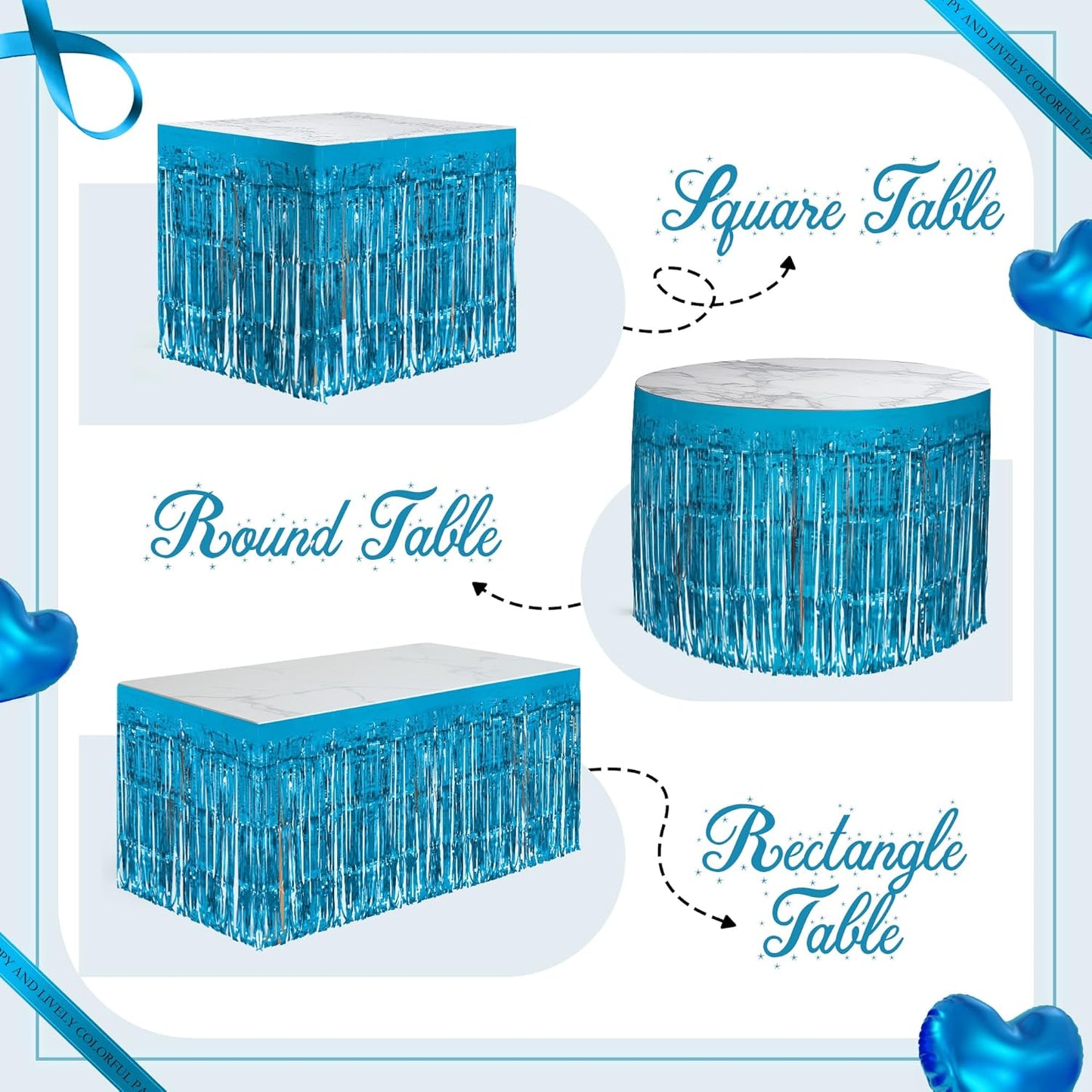 2 Pack Lake Blue Table Skirts, 29x108" Metallic Foil Tinsel Fringe Table Skirts for Rectangle Tables Streamer Curtains Backdrop, Party Decorations for Birthdays Weddings Holidays