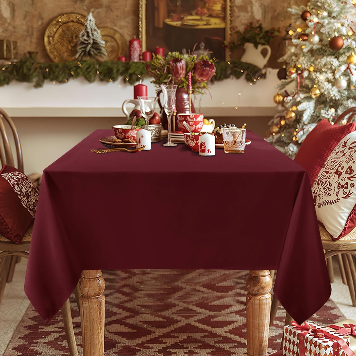 sancua 2 Pack Burgundy Tablecloth 54 x 78 Inch, Rectangle 4 Feet Table Cloth - Stain and Wrinkle Resistant Washable Polyester Table Cover for Dining Tables, Buffet Parties and Camping
