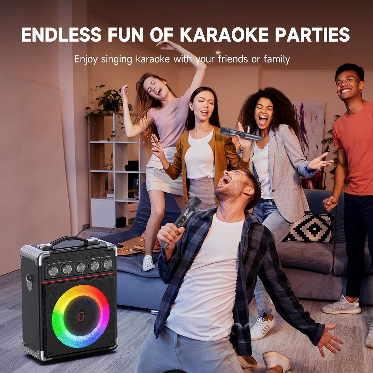 Karaoke Machine with 2 Microphones: HWWR Portable Karaoke Machine for Adults Kids, Party Bluetooth Speaker with Bass/Treble Adjustment, PA System with Remote Control/LED Lights, Support REC/USB/AUX