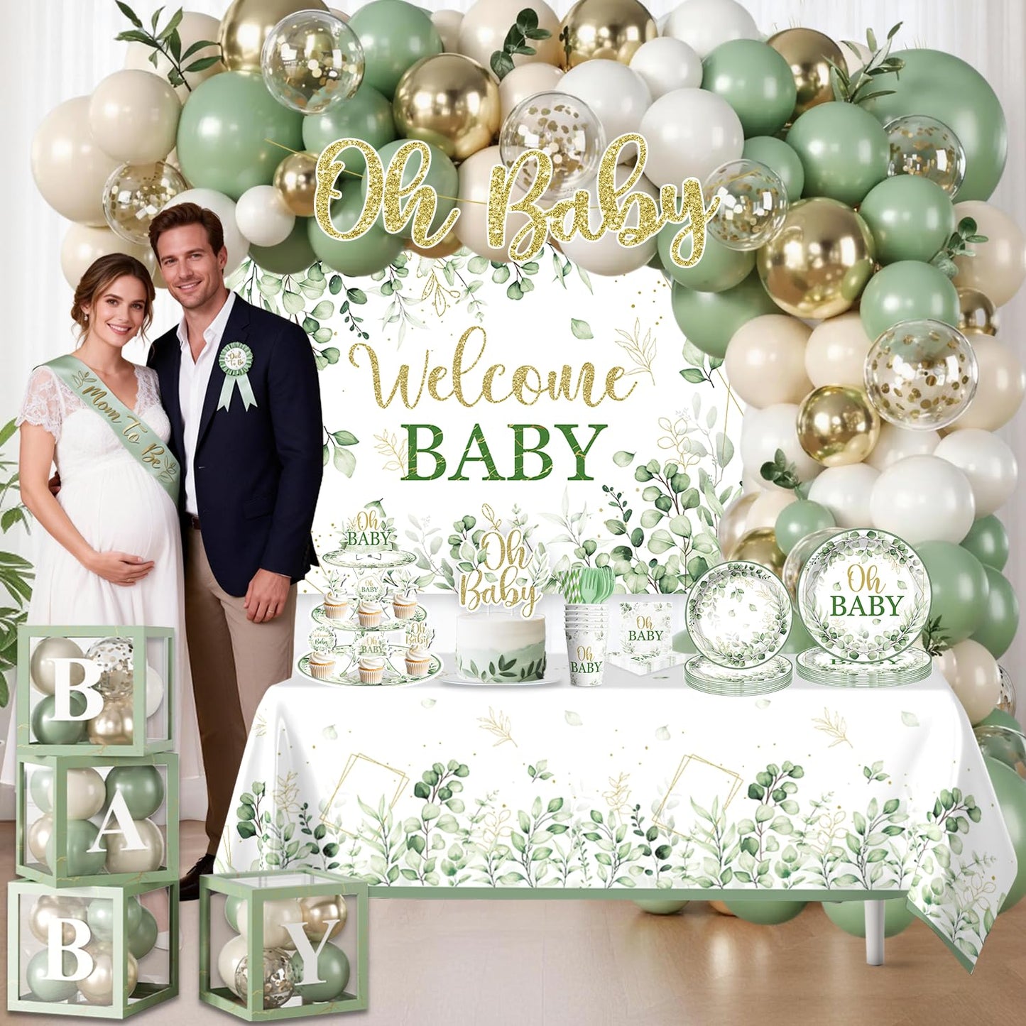 Fexivo Sage Green Baby Shower Decorations Set,Serves 25 Guests